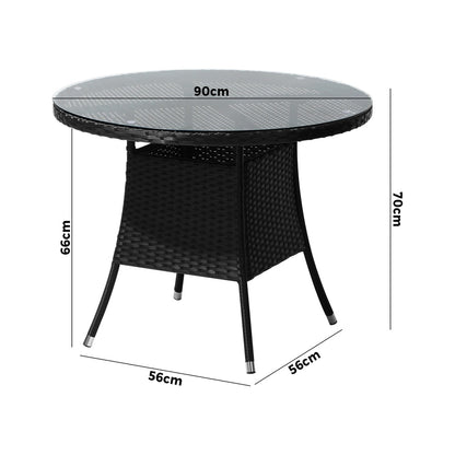 Livsip Outdoor Dining Table 90CM Round Rattan Glass Table Patio Furniture Black-Outdoor Dining Sets-PEROZ Accessories