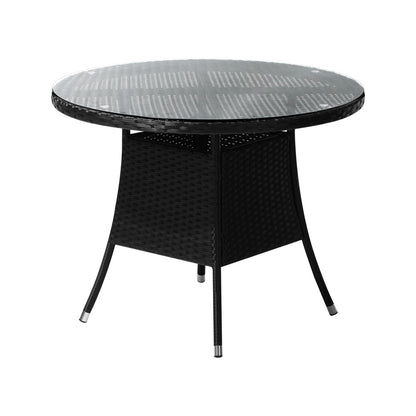 Livsip Outdoor Dining Table 90CM Round Rattan Glass Table Patio Furniture Black-Outdoor Dining Sets-PEROZ Accessories