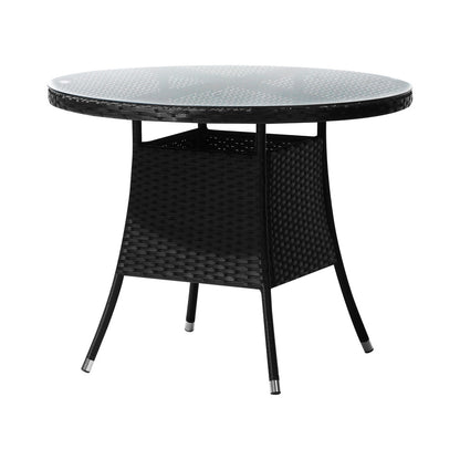 Livsip Outdoor Dining Table 90CM Round Rattan Glass Table Patio Furniture Black-Outdoor Dining Sets-PEROZ Accessories