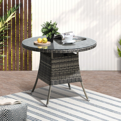 Livsip 90CM Outdoor Dining Table Round Rattan Glass Table Patio Furniture Grey-Outdoor Dining Sets-PEROZ Accessories
