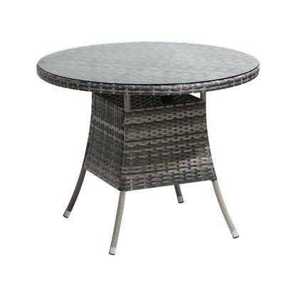 Livsip 90CM Outdoor Dining Table Round Rattan Glass Table Patio Furniture Grey-Outdoor Dining Sets-PEROZ Accessories