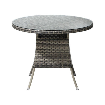Livsip 90CM Outdoor Dining Table Round Rattan Glass Table Patio Furniture Grey-Outdoor Dining Sets-PEROZ Accessories