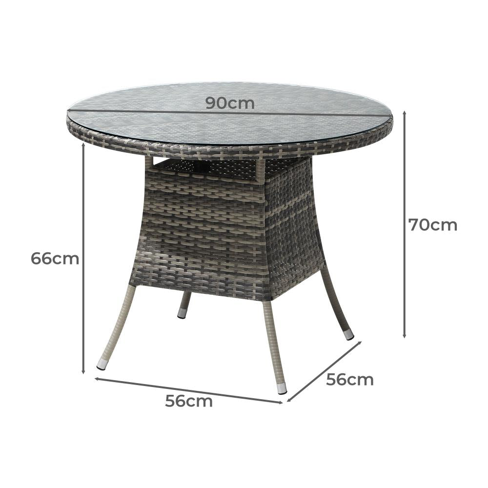 Livsip 90CM Outdoor Dining Table Round Rattan Glass Table Patio Furniture Grey-Outdoor Dining Sets-PEROZ Accessories