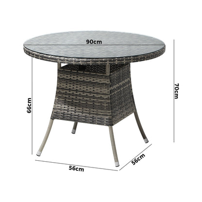 Livsip 90CM Outdoor Dining Table Round Rattan Glass Table Patio Furniture Grey-Outdoor Dining Sets-PEROZ Accessories