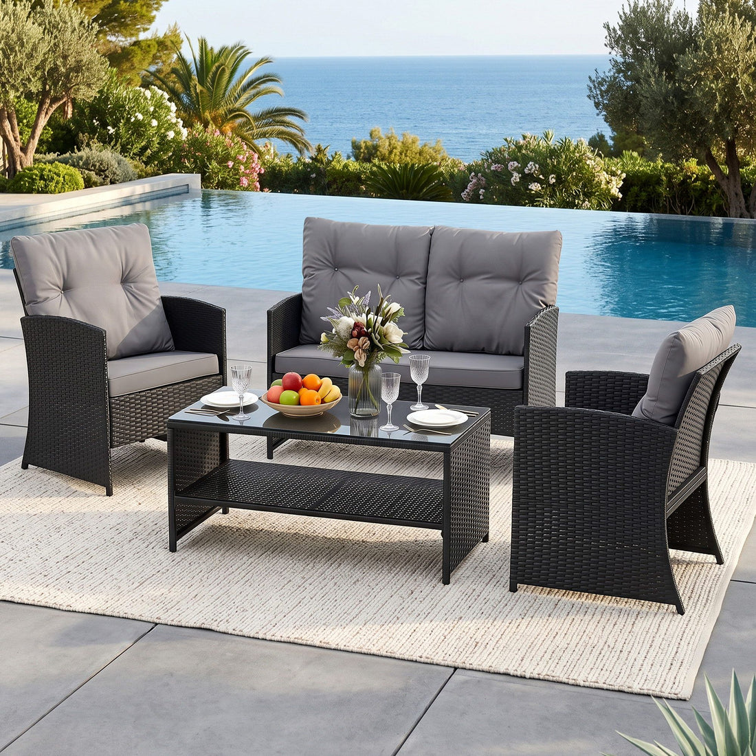 Gardeon 4-Piece Outdoor Sofa Set Coffee Table Chair Rattan Furniture Black-Furniture > Outdoor > Outdoor Sofas &amp; Lounge Sets-PEROZ Accessories