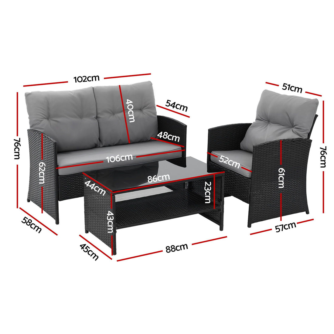 Gardeon 4-Piece Outdoor Sofa Set Coffee Table Chair Rattan Furniture Black-Furniture > Outdoor > Outdoor Sofas &amp; Lounge Sets-PEROZ Accessories
