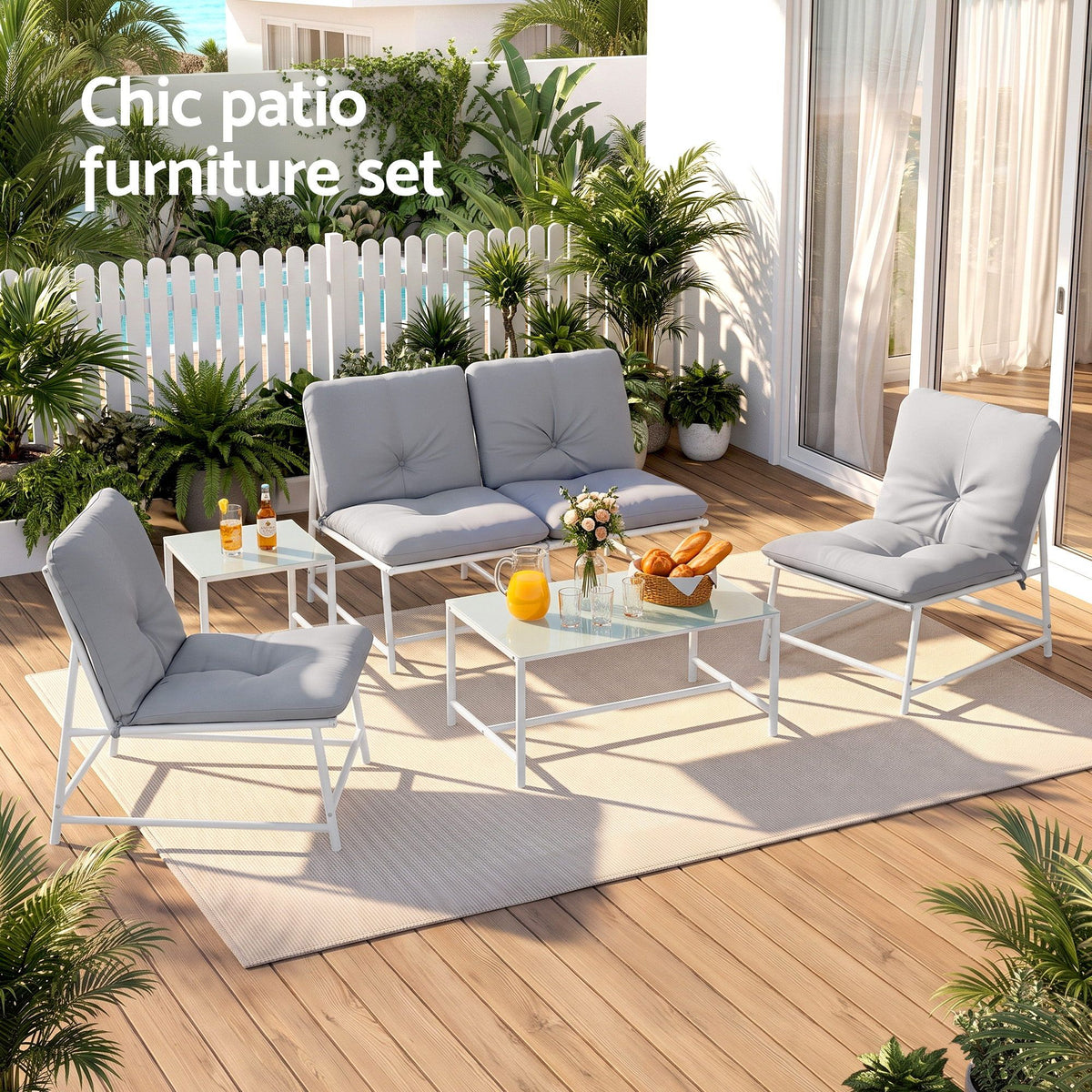 Gardeon 5-Piece Outdoor Sofa Set with Cushions table and Chairs White