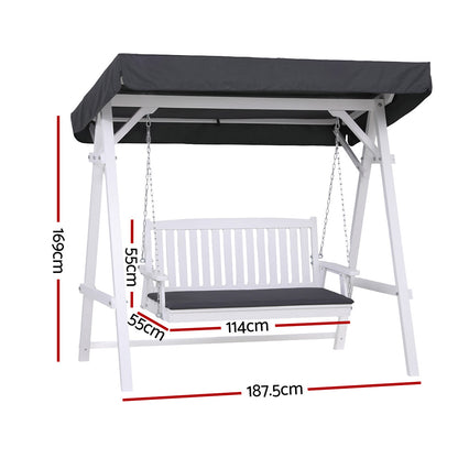Gardeon Outdoor Wooden Swing Chair Garden Bench Canopy Cushion 3 Seater White-Furniture &gt; Outdoor &gt; Outdoor Chairs-PEROZ Accessories