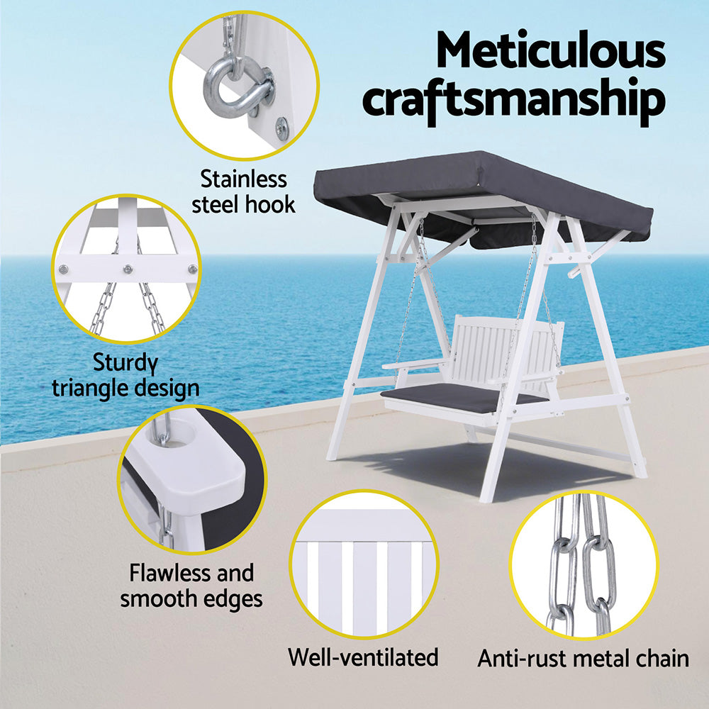 Gardeon Outdoor Wooden Swing Chair Garden Bench Canopy Cushion 3 Seater White-Furniture &gt; Outdoor &gt; Outdoor Chairs-PEROZ Accessories