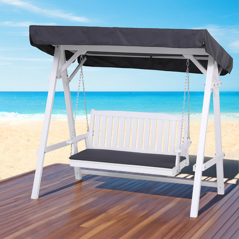 Gardeon Outdoor Wooden Swing Chair Garden Bench Canopy Cushion 3 Seater White-Furniture &gt; Outdoor &gt; Outdoor Chairs-PEROZ Accessories
