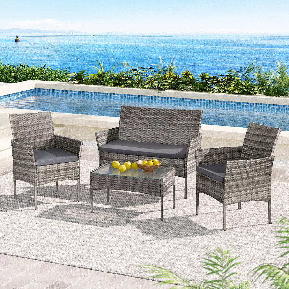 Gardeon 4 Seater Outdoor Sofa Set Wicker Setting Table Chair Furniture Grey-Furniture &gt; Outdoor-PEROZ Accessories