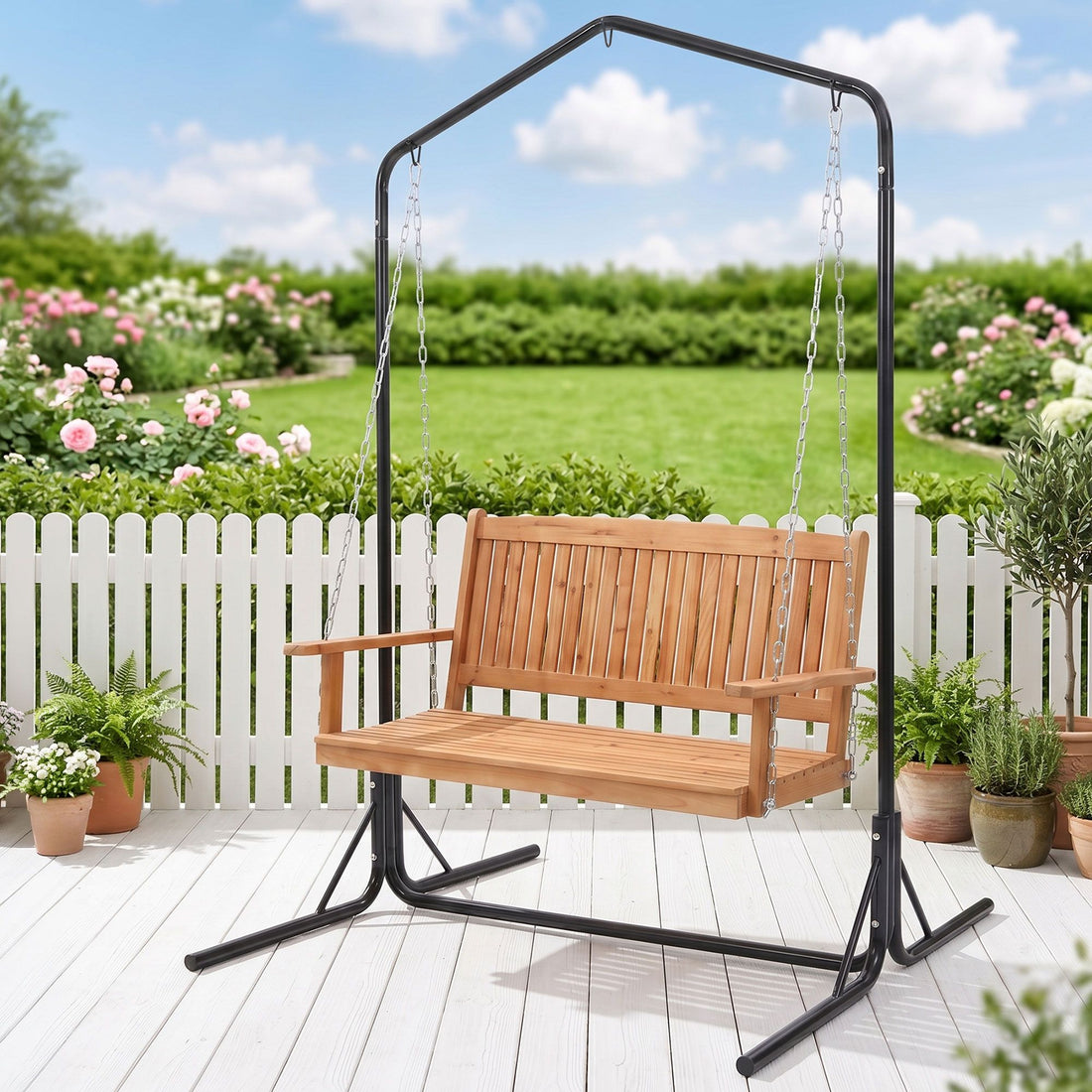 Gardeon Wooden 2-Seater Outdoor Swing Chair with Black Stand Hanging Chair Patio Furniture-Furniture > Outdoor > Outdoor Chairs-PEROZ Accessories