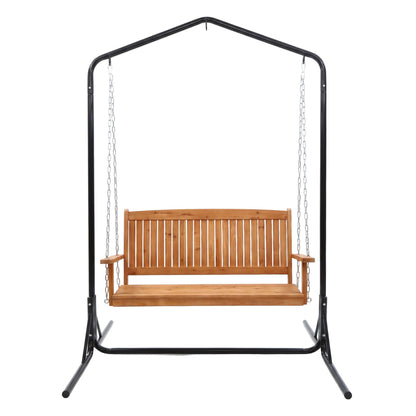 Gardeon Wooden 2-Seater Outdoor Swing Chair with Black Stand Hanging Chair Patio Furniture