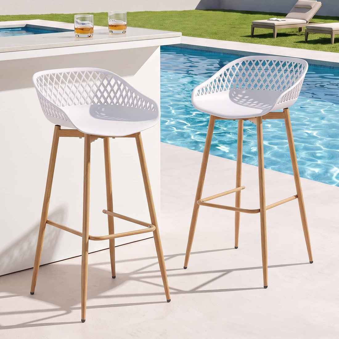 Gardeon 2PC Outdoor Bar Stools Plastic Metal Dining Chair Patio Furniture White-Furniture > Bar Stools &amp; Chairs > Table &amp; Bar Stools-PEROZ Accessories