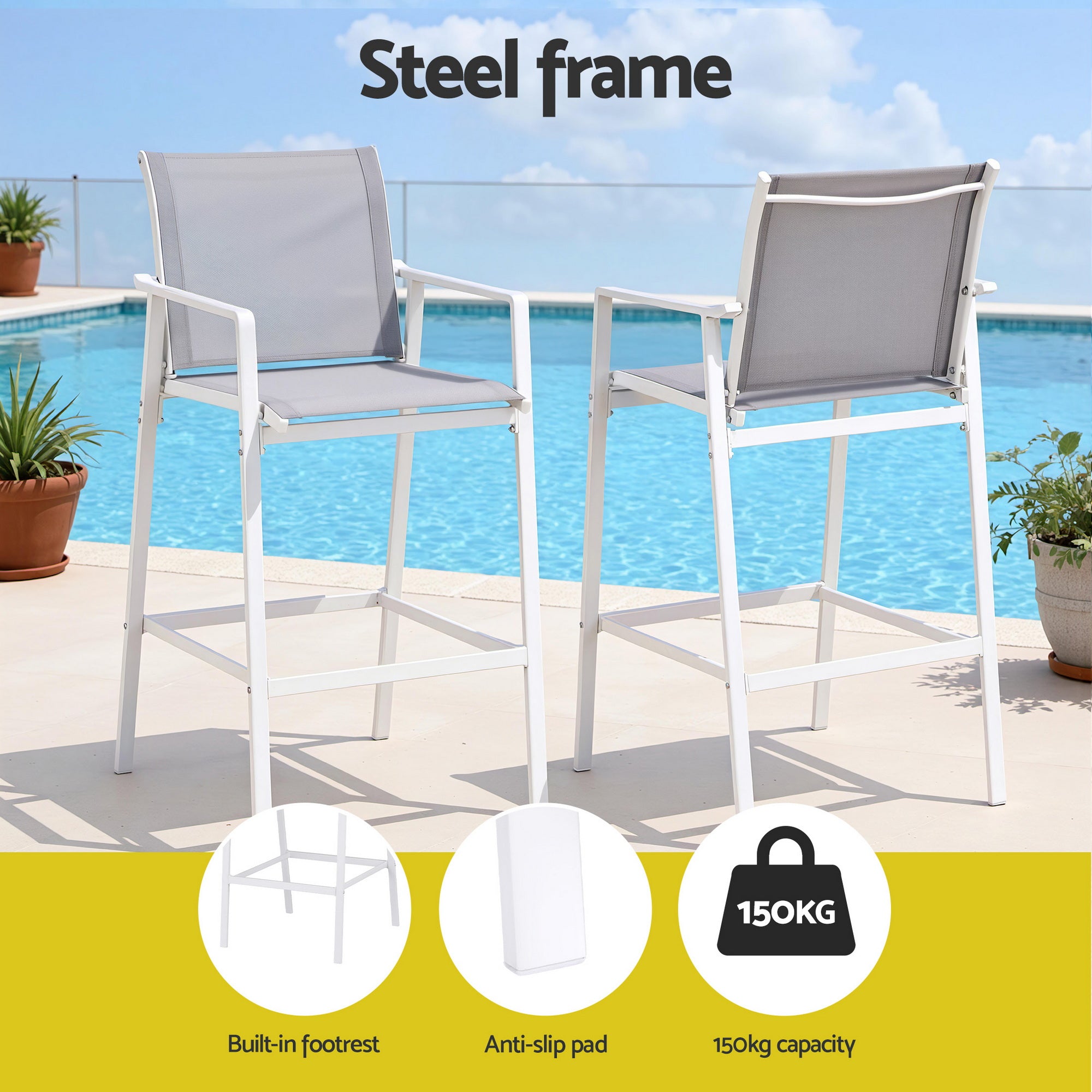 Gardeon 2PC Outdoor Bar Stools Dining Chairs Patio Furniture Garden Steel Textilene White-Furniture > Bar Stools &amp; Chairs > Table &amp; Bar Stools-PEROZ Accessories