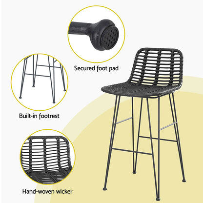 Gardeon 2 Piece Outdoor Bar Stools Wicker Dining Rattan Chair Black-Furniture &gt; Bar Stools &amp; Chairs &gt; Table &amp; Bar Stools-PEROZ Accessories