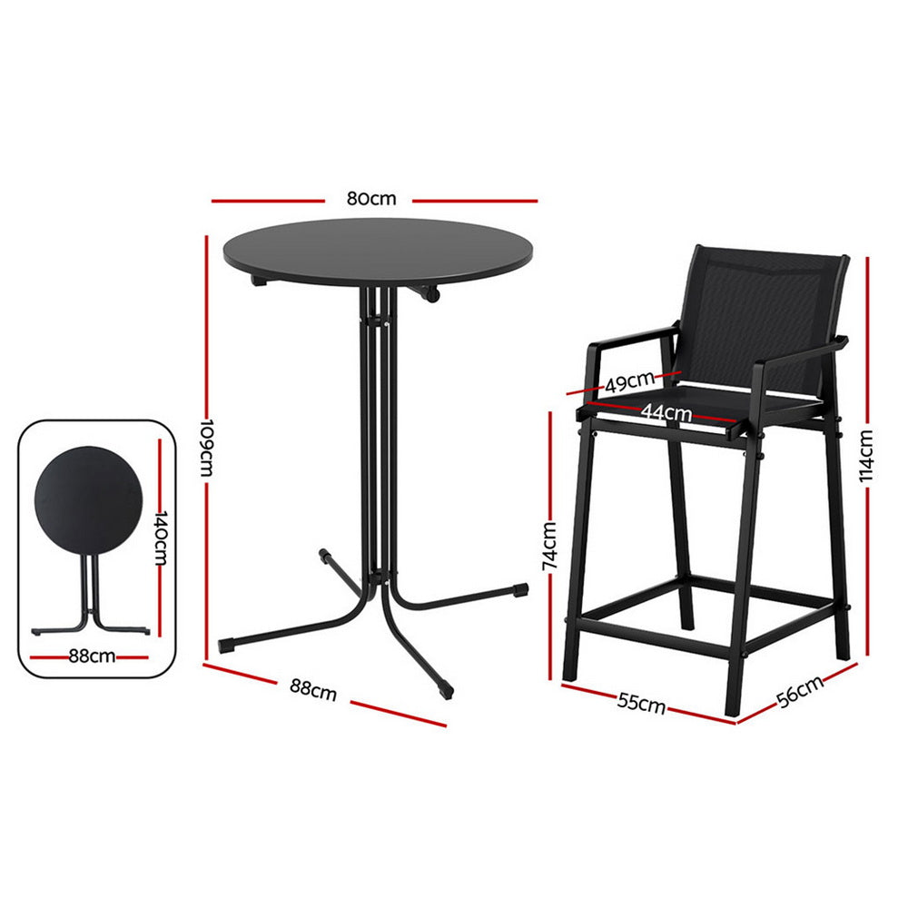 Gardeon 3PC Outdoor Bar Set Stools Dining Chairs Table Patio Furniture Bistro Set Steel Black-Furniture &gt; Outdoor &gt; Outdoor Dining Sets-PEROZ Accessories