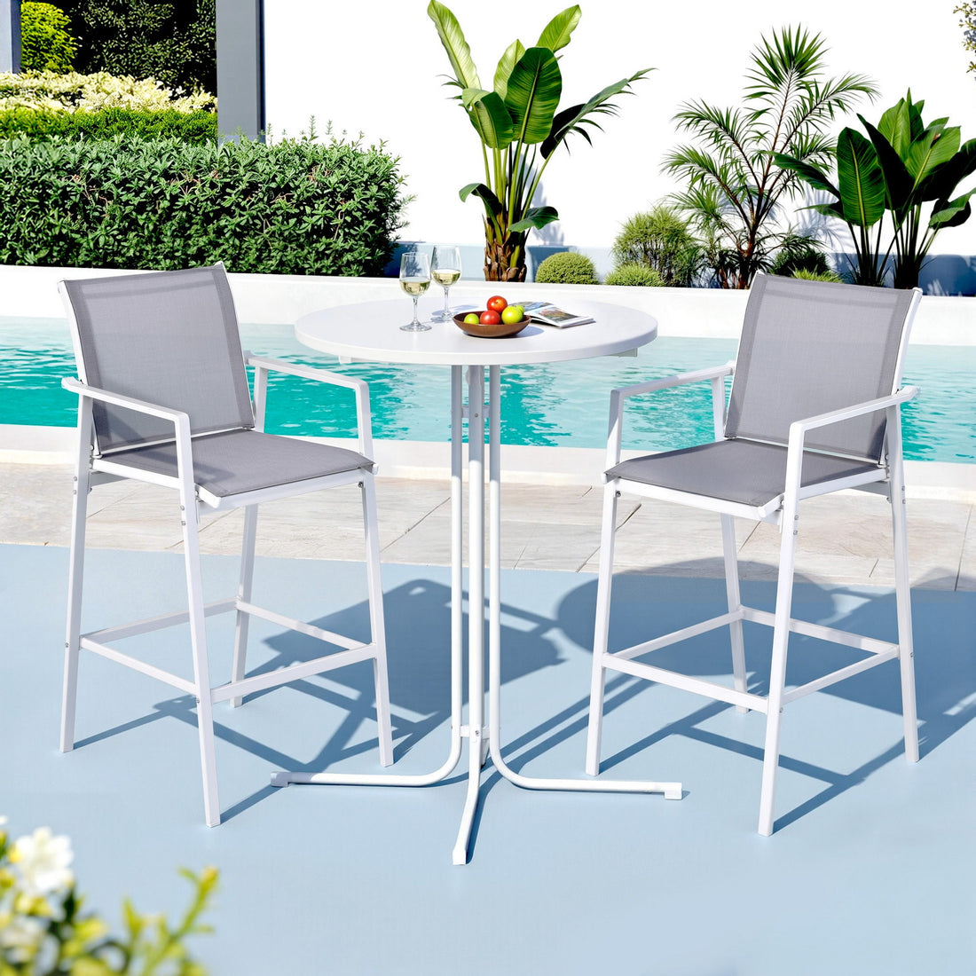 Gardeon 3PC Outdoor Bar Set Stools Dining Chairs Table Patio Furniture Bistro Set Steel White-Furniture > Bar Stools &amp; Chairs > Table &amp; Bar Stools-PEROZ Accessories