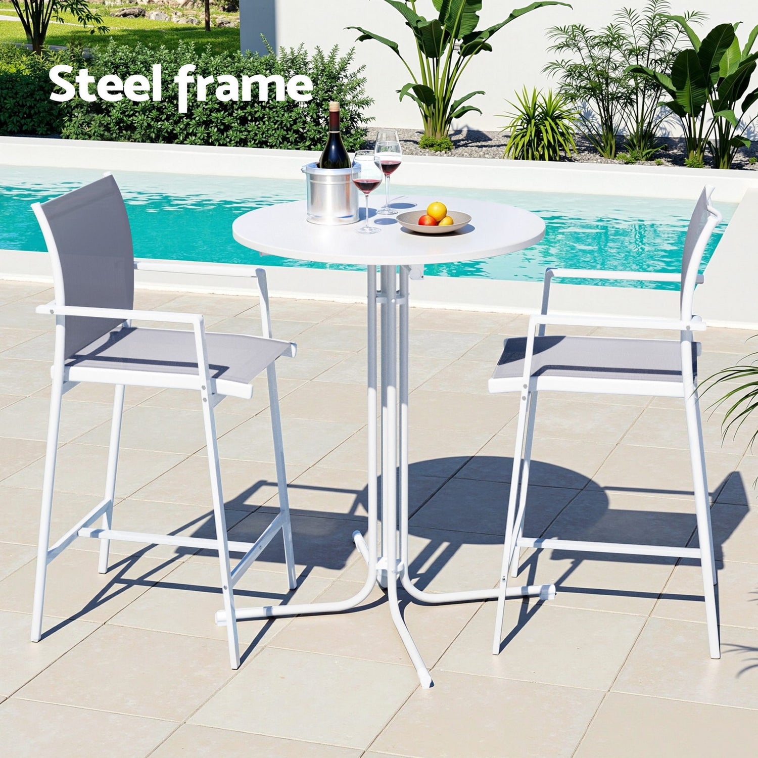Gardeon 3PC Outdoor Bar Set Stools Dining Chairs Table Patio Furniture Bistro Set Steel White-Furniture > Bar Stools &amp; Chairs > Table &amp; Bar Stools-PEROZ Accessories