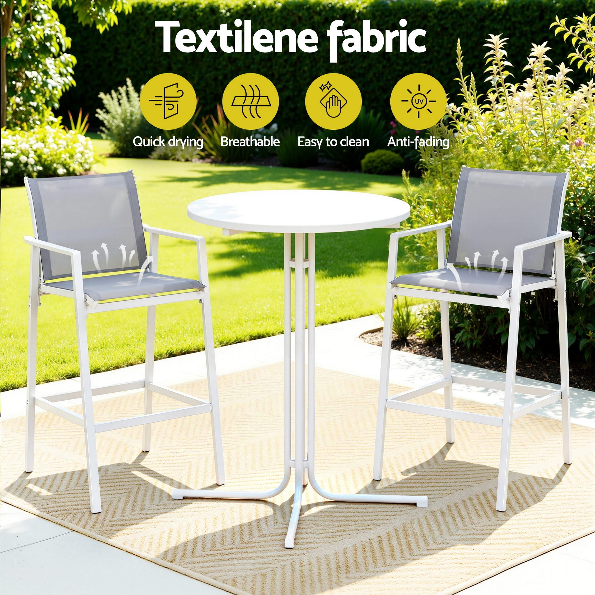 Gardeon 3PC Outdoor Bar Set Stools Dining Chairs Table Patio Furniture Bistro Set Steel White-Furniture > Bar Stools &amp; Chairs > Table &amp; Bar Stools-PEROZ Accessories