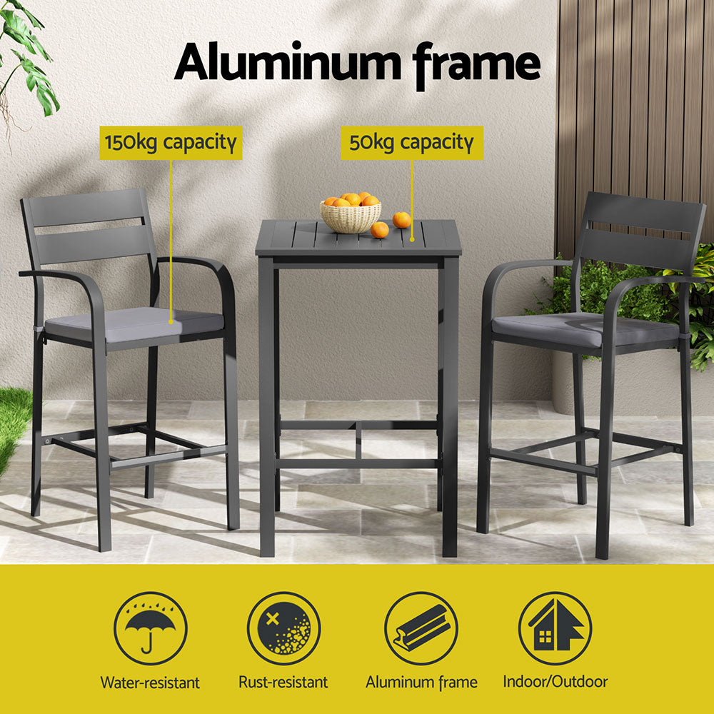 Gardeon 3Pcs Outdoor Bar Set Stools Dining Chairs Table Patio Aluminium Bistro Set Black-Furniture &gt; Outdoor &gt; Outdoor Dining Sets-PEROZ Accessories
