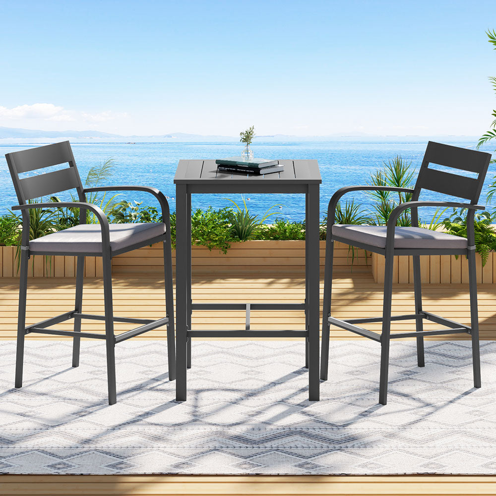 Gardeon 3Pcs Outdoor Bar Set Stools Dining Chairs Table Patio Aluminium Bistro Set Black-Furniture &gt; Outdoor &gt; Outdoor Dining Sets-PEROZ Accessories