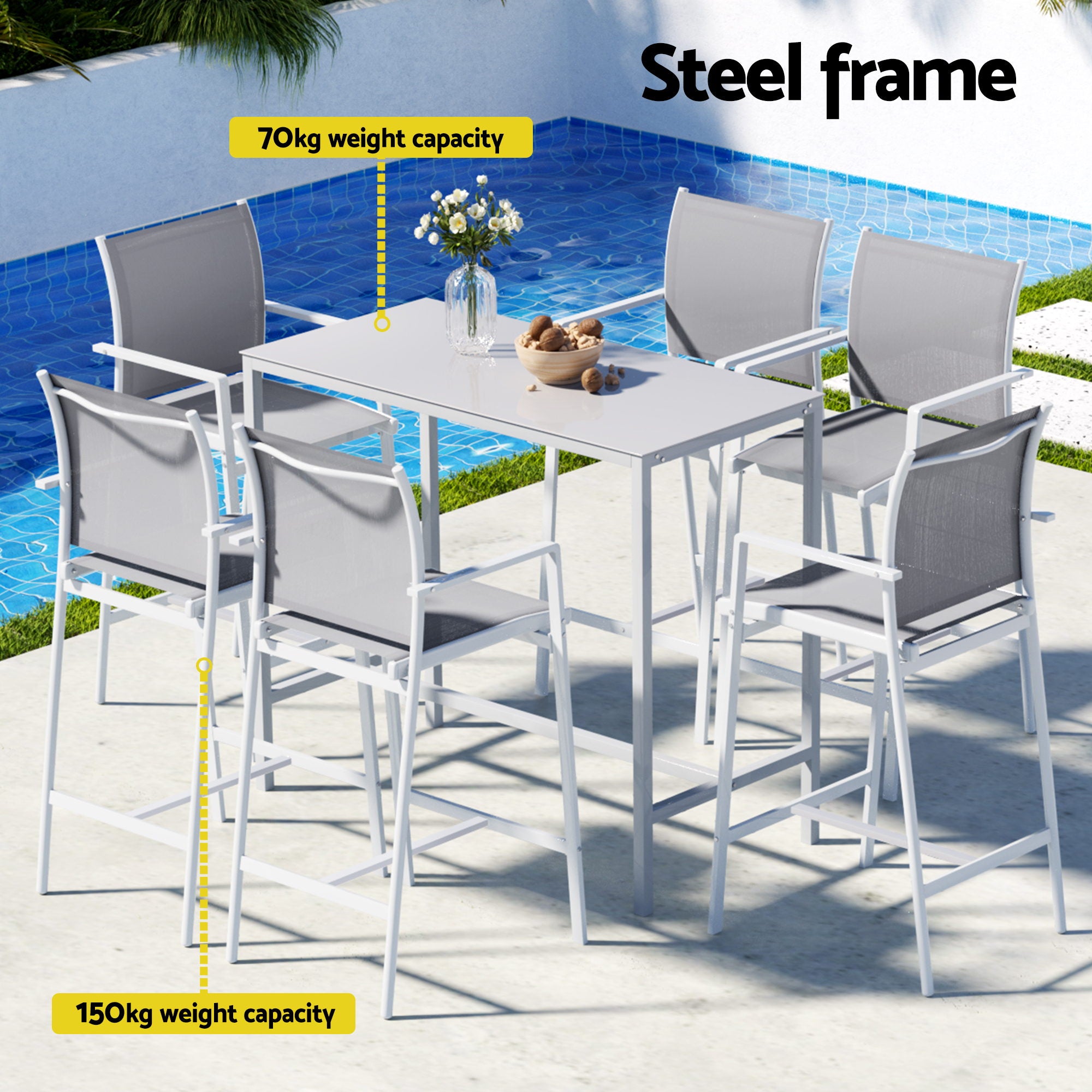 Gardeon 7PCS Outdoor Bar Set Stools Dining Chairs Table Patio Steel Bistro Set White-Furniture > Outdoor > Outdoor Chairs-PEROZ Accessories