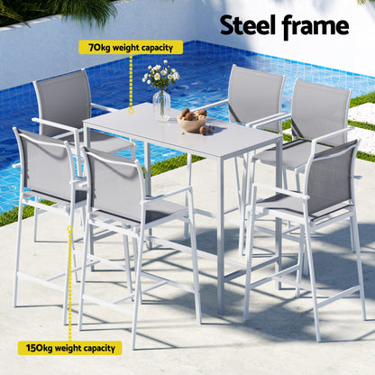 Gardeon 7PCS Outdoor Bar Set Stools Dining Chairs Table Patio Steel Bistro Set White-Furniture > Outdoor > Outdoor Chairs-PEROZ Accessories