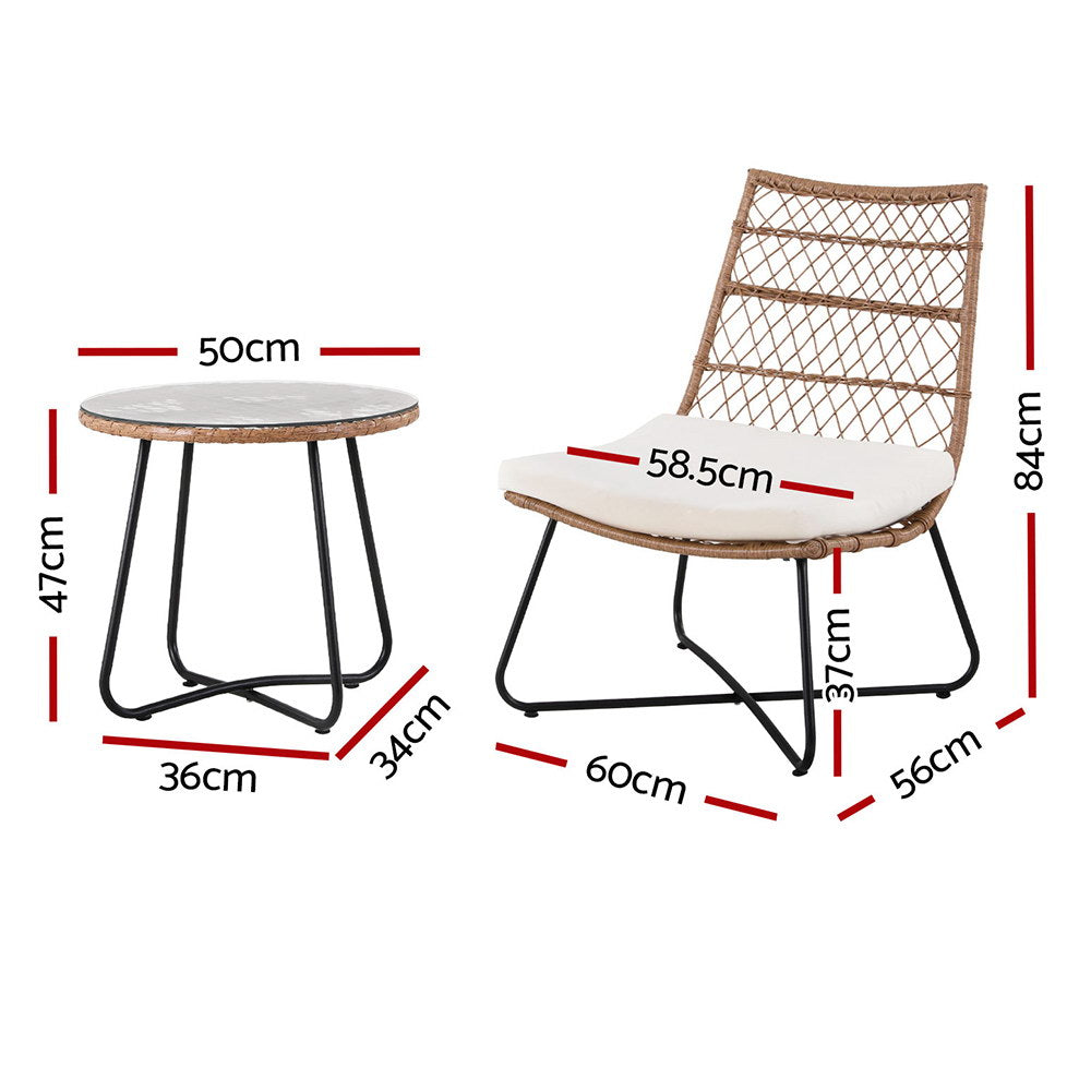 Gardeon 3PC Outdoor Setting Wicker Bistro Set Table Chairs Patio Furniture Brown-Furniture &gt; Outdoor &gt; Outdoor Benches-PEROZ Accessories