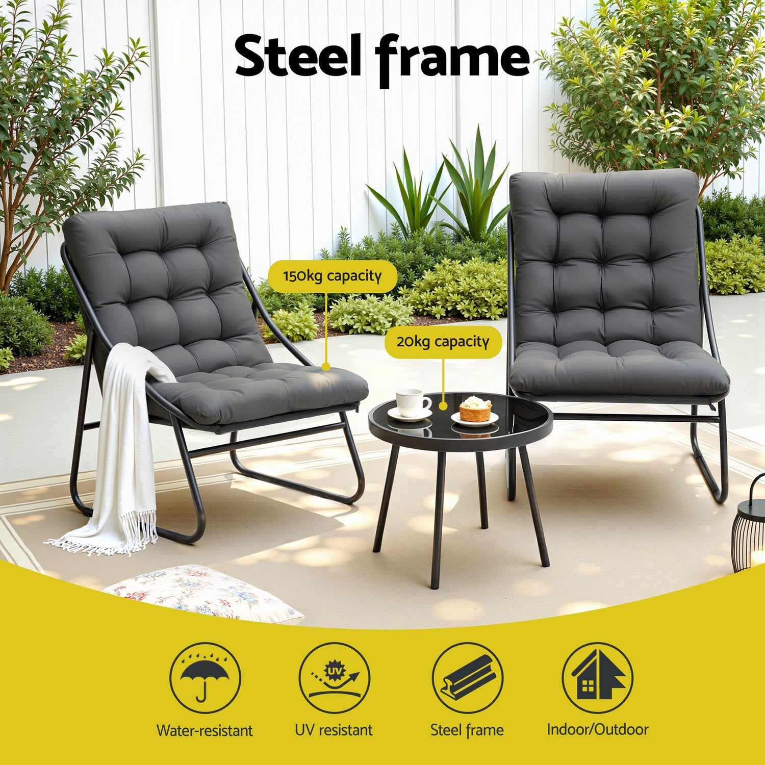 Gardeon 3PC Outdoor Bistro Set Patio Furniture Table and Chairs Steel Dining Chair-Furniture > Outdoor > Outdoor Dining Sets-PEROZ Accessories