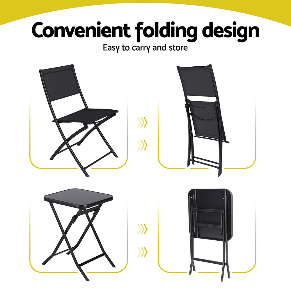 Gardeon Outdoor Bistro Set Folding Table and Chairs Patio Furniture Garden Steel Black-Furniture &gt; Outdoor &gt; Outdoor Sofas &amp; Lounge Sets-PEROZ Accessories