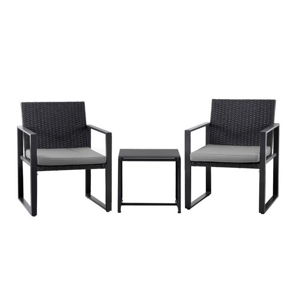 Gardeon 3PC Outdoor Bistro Set Patio Furniture Wicker Dining Chairs Table Cushion Black-Furniture &gt; Outdoor &gt; Outdoor Dining Sets-PEROZ Accessories