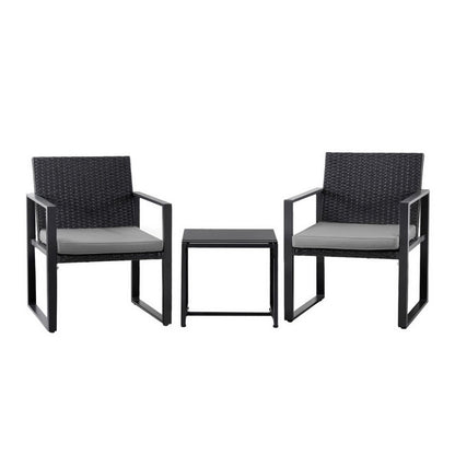 Gardeon 3PC Outdoor Bistro Set Patio Furniture Wicker Dining Chairs Table Cushion Black-Furniture &gt; Outdoor &gt; Outdoor Dining Sets-PEROZ Accessories