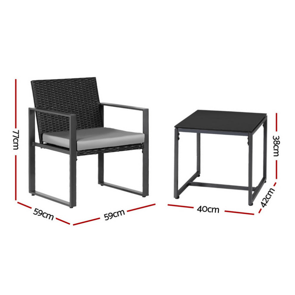 Gardeon 3PC Outdoor Bistro Set Patio Furniture Wicker Dining Chairs Table Cushion Black-Furniture &gt; Outdoor &gt; Outdoor Dining Sets-PEROZ Accessories