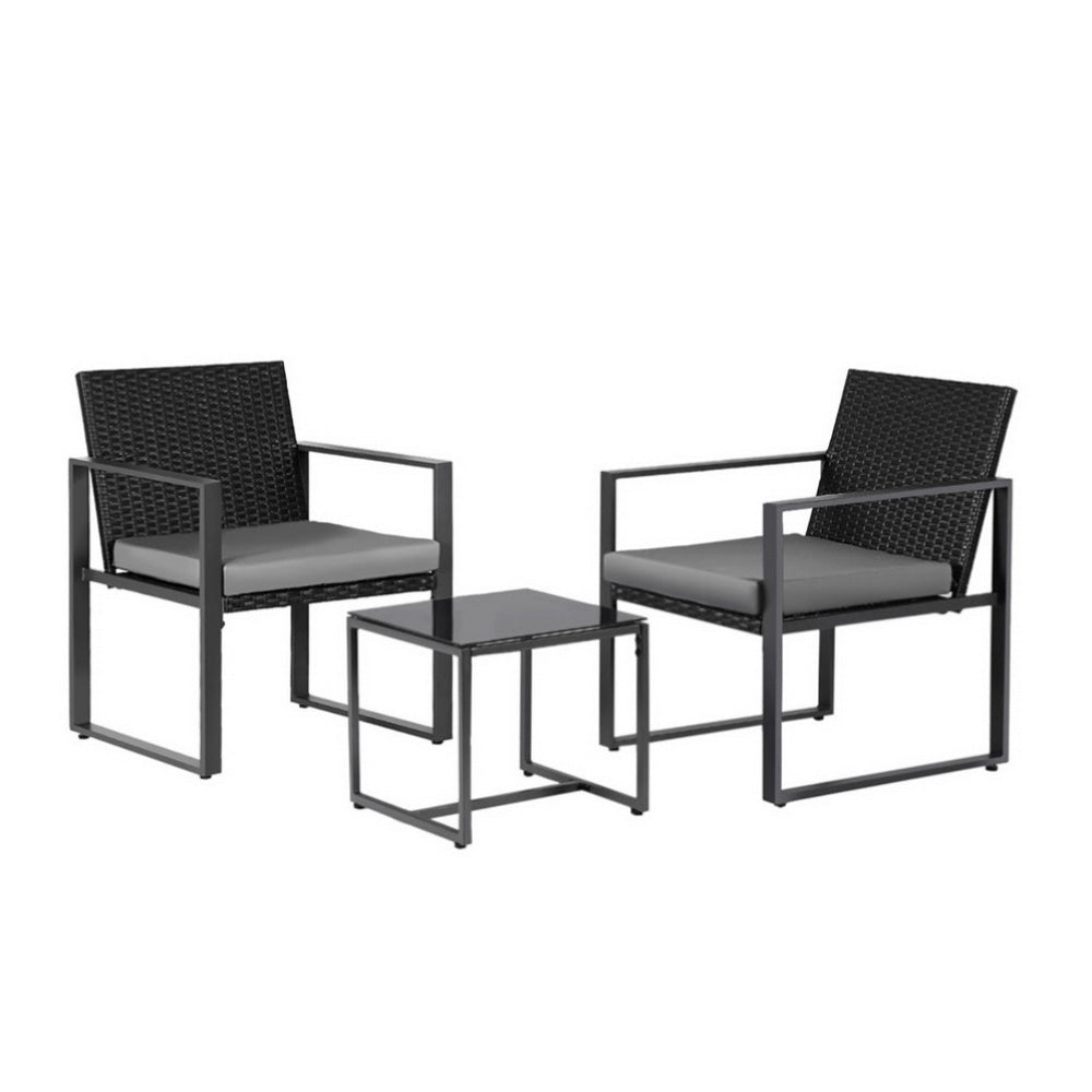 Gardeon 3PC Outdoor Bistro Set Patio Furniture Wicker Dining Chairs Table Cushion Black-Furniture &gt; Outdoor &gt; Outdoor Dining Sets-PEROZ Accessories