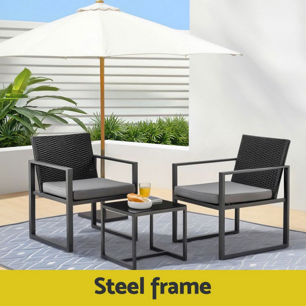 Gardeon 3PC Outdoor Bistro Set Patio Furniture Wicker Dining Chairs Table Cushion Black-Furniture &gt; Outdoor &gt; Outdoor Dining Sets-PEROZ Accessories