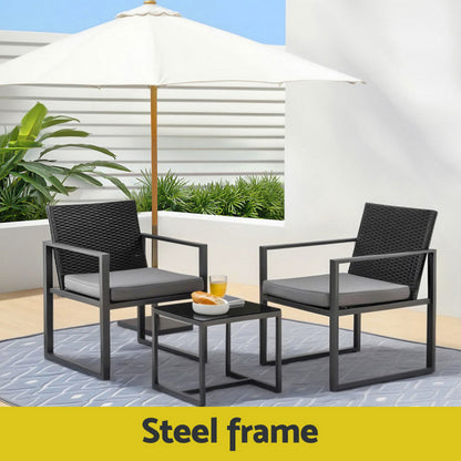 Gardeon 3PC Outdoor Bistro Set Patio Furniture Wicker Dining Chairs Table Cushion Black-Furniture &gt; Outdoor &gt; Outdoor Dining Sets-PEROZ Accessories