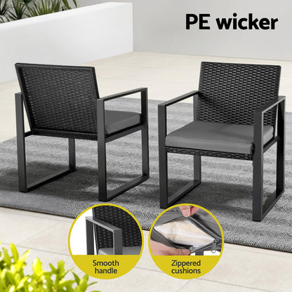 Gardeon 3PC Outdoor Bistro Set Patio Furniture Wicker Dining Chairs Table Cushion Black-Furniture &gt; Outdoor &gt; Outdoor Dining Sets-PEROZ Accessories