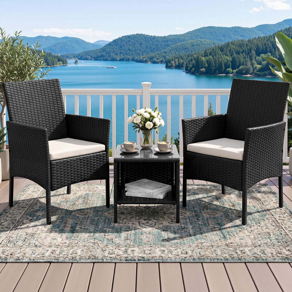 Gardeon 3PC Outdoor Bistro Set Patio Furniture Wicker Setting Chairs Table Cushion Black-Outdoor Bistro Sets-PEROZ Accessories