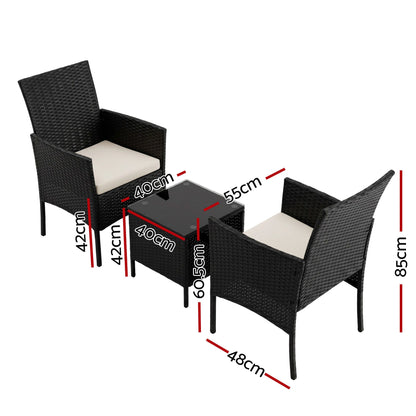 Gardeon 3PC Outdoor Bistro Set Patio Furniture Wicker Setting Chairs Table Cushion Black-Outdoor Bistro Sets-PEROZ Accessories