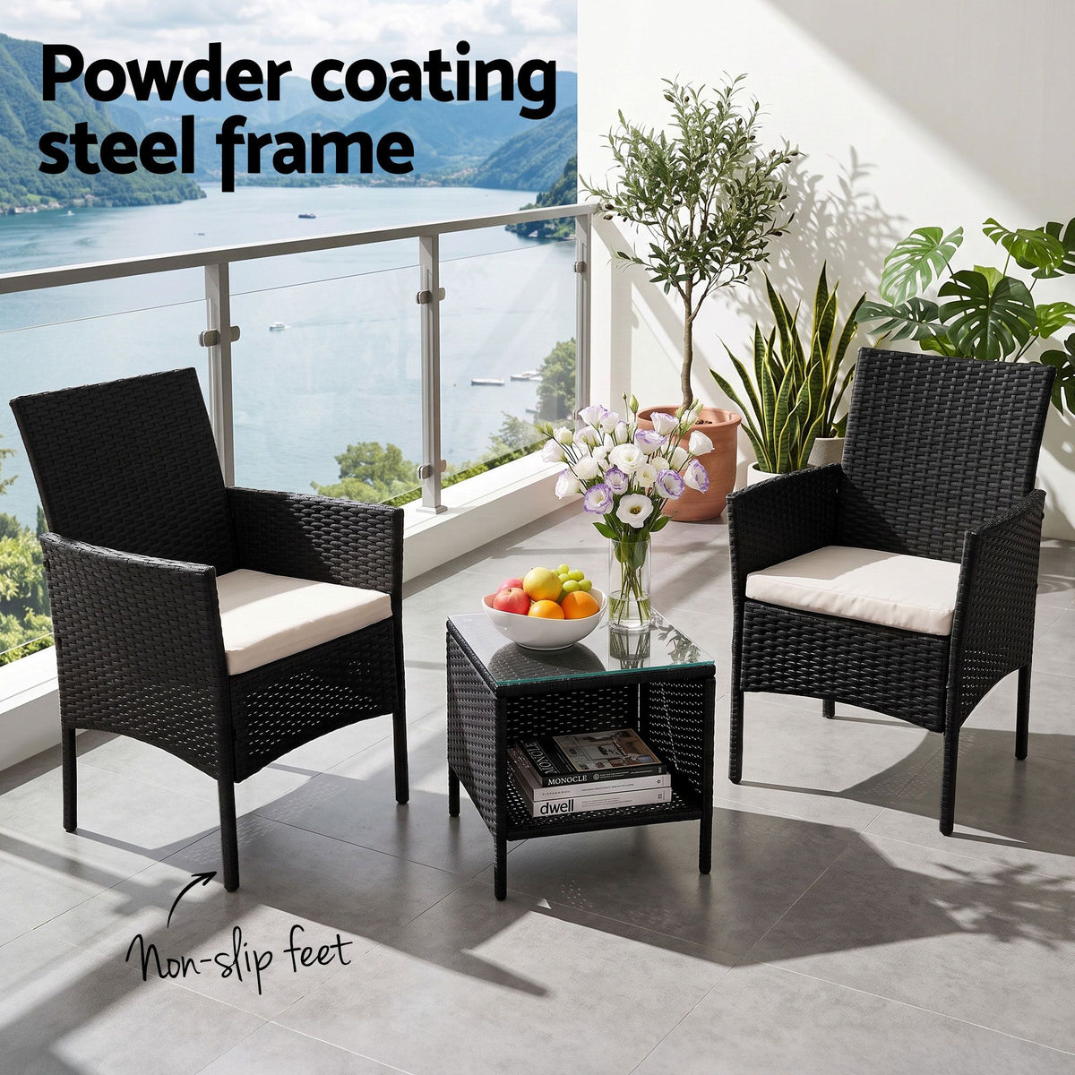 Gardeon 3PC Outdoor Bistro Set Patio Furniture Wicker Setting Chairs Table Cushion Black-Outdoor Bistro Sets-PEROZ Accessories