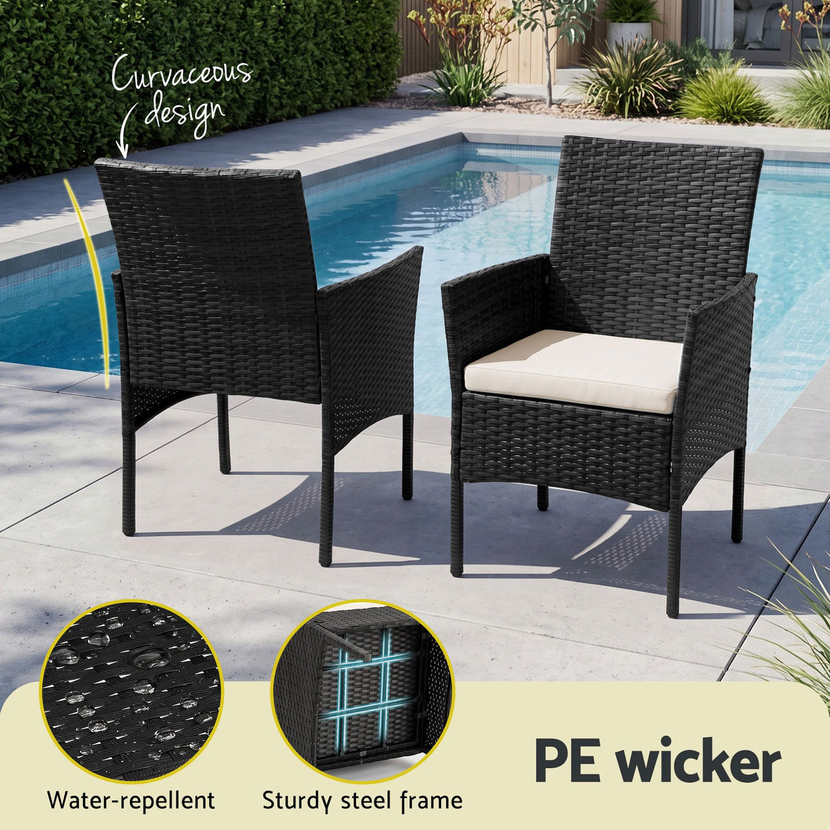 Gardeon 3PC Outdoor Bistro Set Patio Furniture Wicker Setting Chairs Table Cushion Black-Outdoor Bistro Sets-PEROZ Accessories