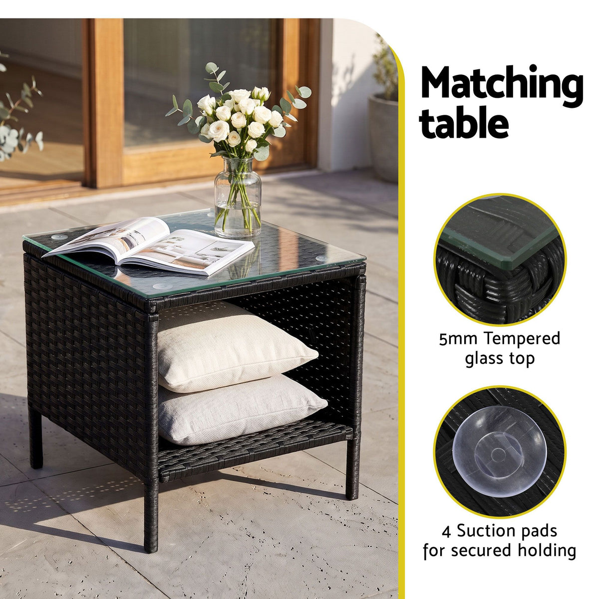 Gardeon 3PC Outdoor Bistro Set Patio Furniture Wicker Setting Chairs Table Cushion Black-Outdoor Bistro Sets-PEROZ Accessories