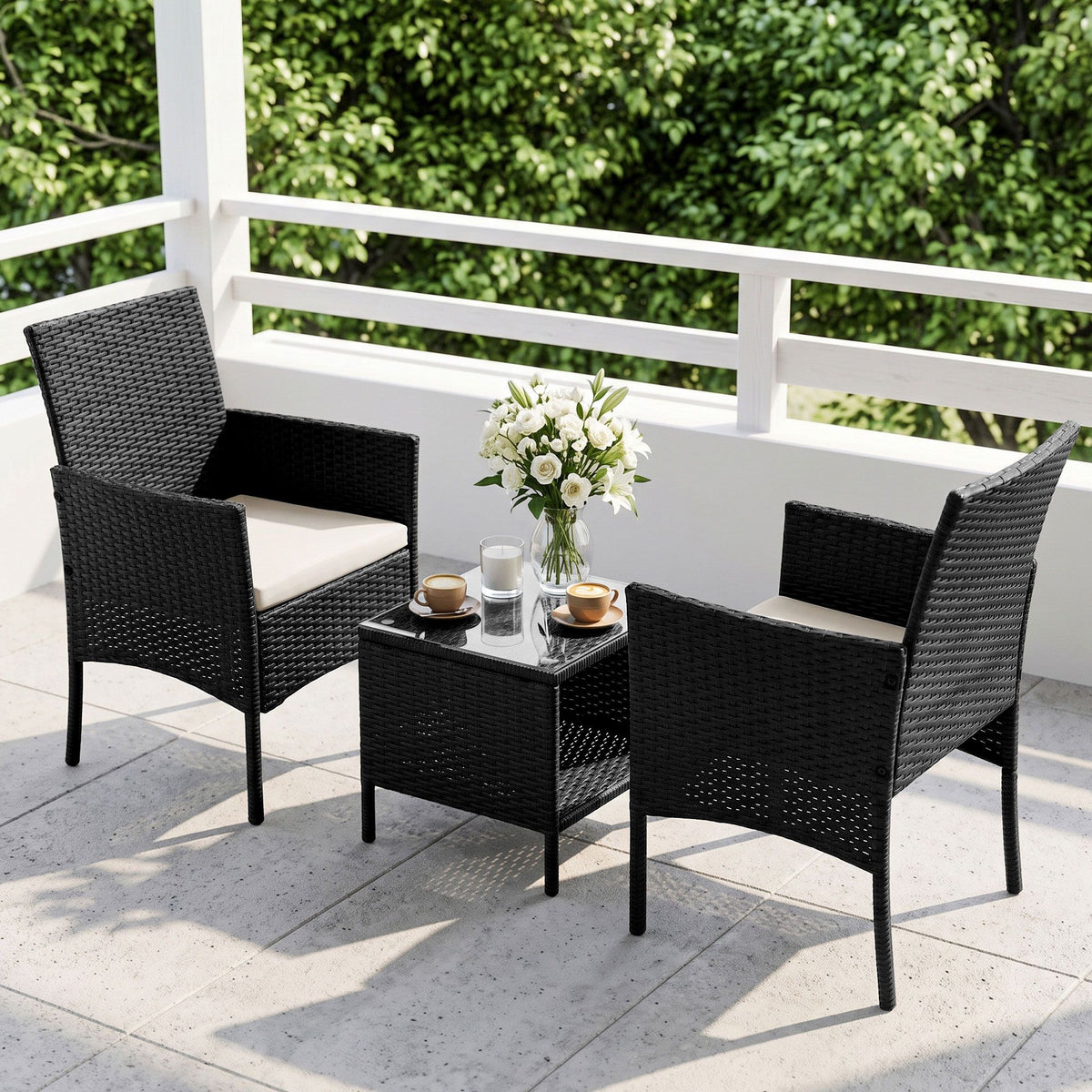 Gardeon 3PC Outdoor Bistro Set Patio Furniture Wicker Setting Chairs Table Cushion Black-Outdoor Bistro Sets-PEROZ Accessories