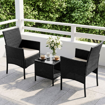 Gardeon 3PC Outdoor Bistro Set Patio Furniture Wicker Setting Chairs Table Cushion Black-Outdoor Bistro Sets-PEROZ Accessories