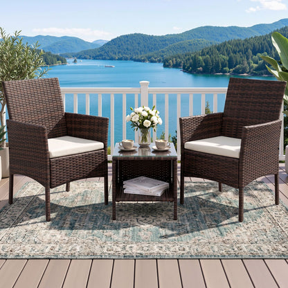 Gardeon 3PC Outdoor Bistro Set Patio Furniture Wicker Setting Chairs Table Cushion Brown-Outdoor Bistro Sets-PEROZ Accessories