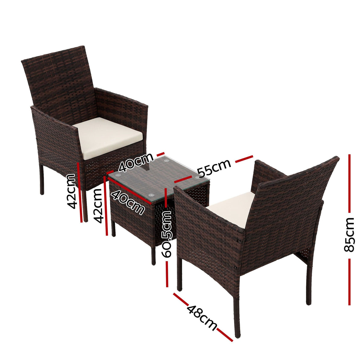 Gardeon 3PC Outdoor Bistro Set Patio Furniture Wicker Setting Chairs Table Cushion Brown-Outdoor Bistro Sets-PEROZ Accessories