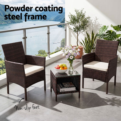 Gardeon 3PC Outdoor Bistro Set Patio Furniture Wicker Setting Chairs Table Cushion Brown-Outdoor Bistro Sets-PEROZ Accessories