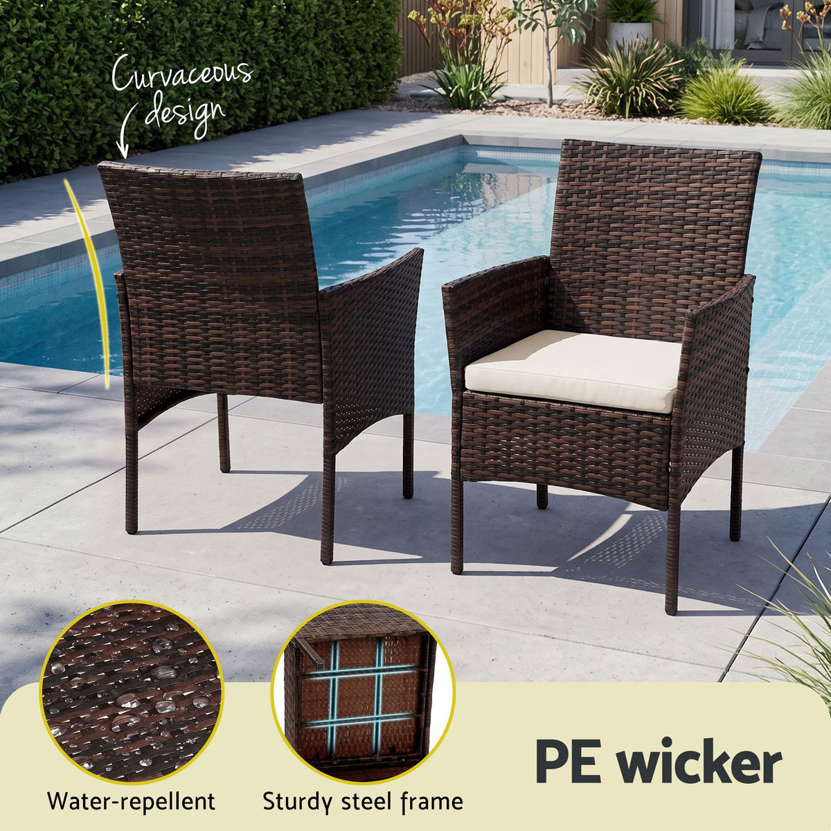 Gardeon 3PC Outdoor Bistro Set Patio Furniture Wicker Setting Chairs Table Cushion Brown-Outdoor Bistro Sets-PEROZ Accessories