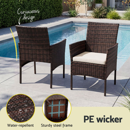 Gardeon 3PC Outdoor Bistro Set Patio Furniture Wicker Setting Chairs Table Cushion Brown-Outdoor Bistro Sets-PEROZ Accessories